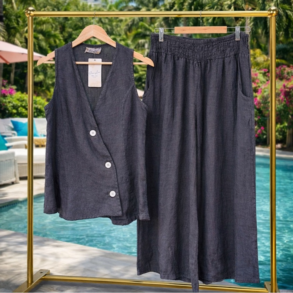 Made in Italy Sleeveless Button Linen Vest and Wide-Leg Pants Set